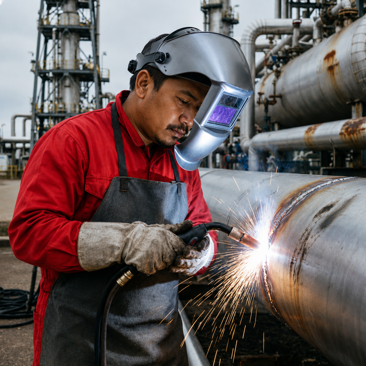 Professional welder performing precision work at industrial site